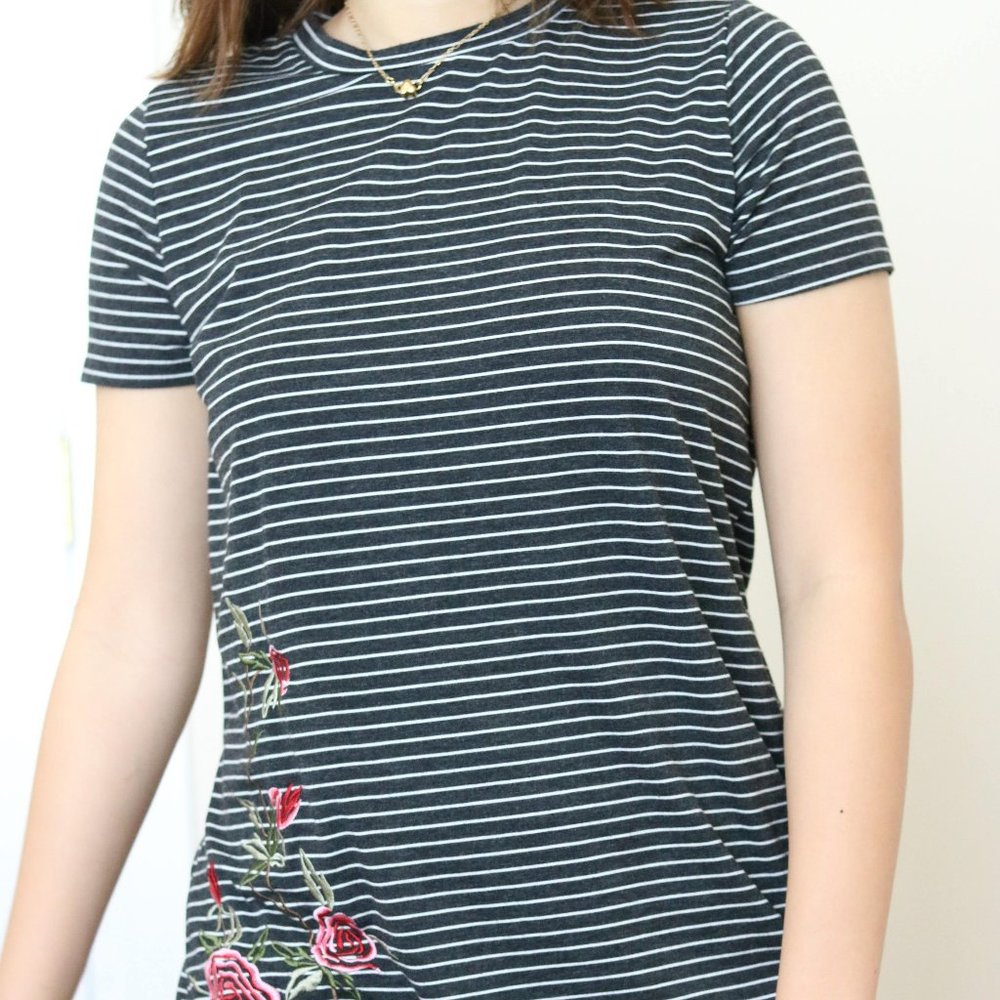 Black and White Striped Rose T-shirt Dress